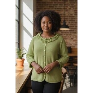 Vintage Coldwater Creek Sweater, Size 1X, Button-up, 3/4Sleeve,W/ Fringe